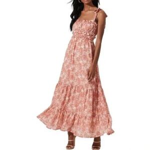 ASTR The Label Smocked Floral Maxi Dress Pink Tan Size XL
